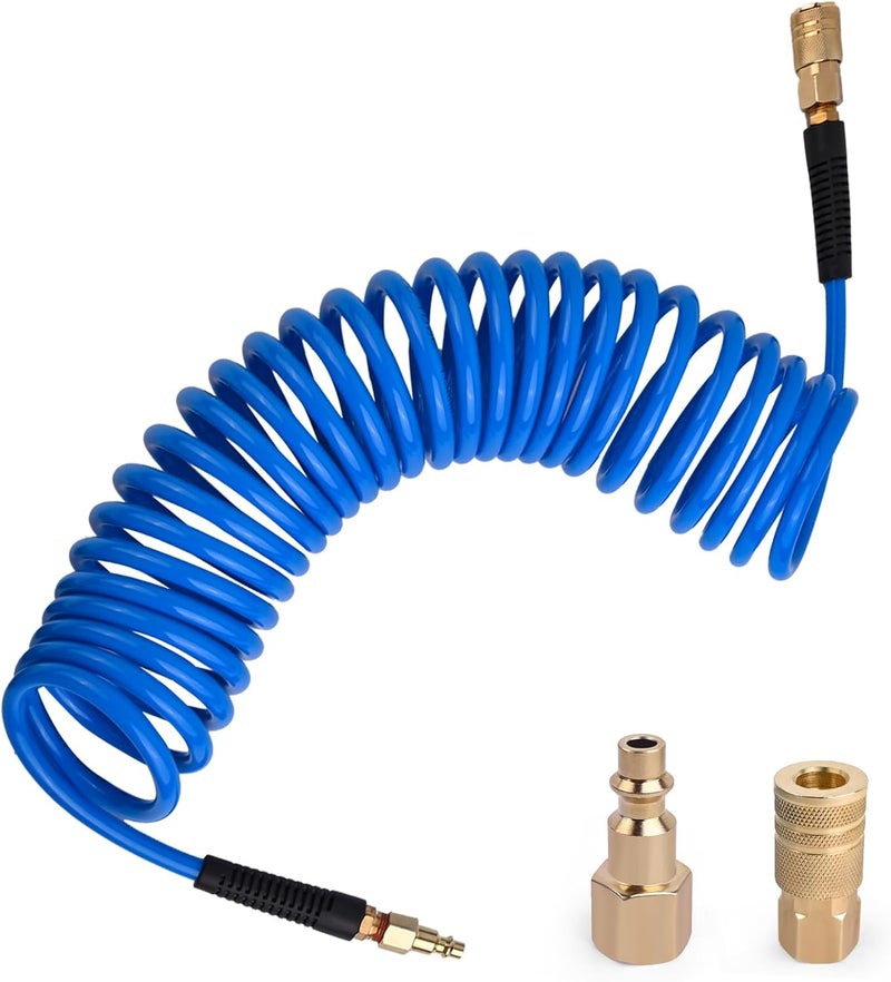 BOTSROOM Air Compressor Hose 1/4 in x 25 ft PU Air Hose Kit with 1/4" Industrial Air Fittings and Bend Restrictors, Working Pressure of 300 PSI, Blue - Image 1